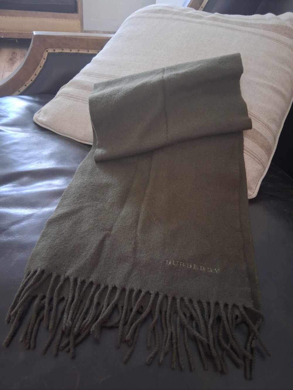 Burberry Olive Green Wool Fringe Scarf